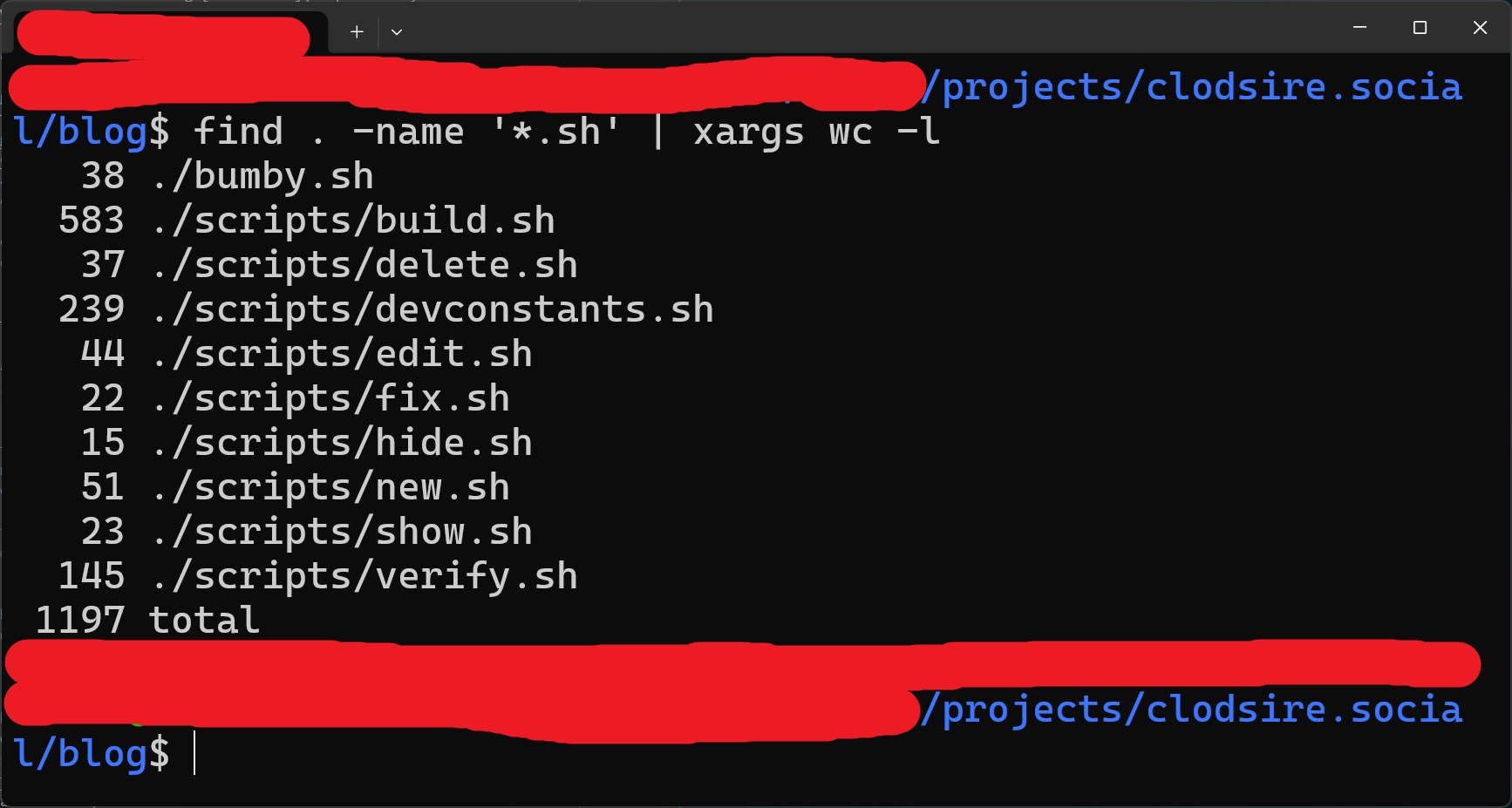 A screenshot of a shell command that reveals I had 1,197 lines of bash scripts in my project.