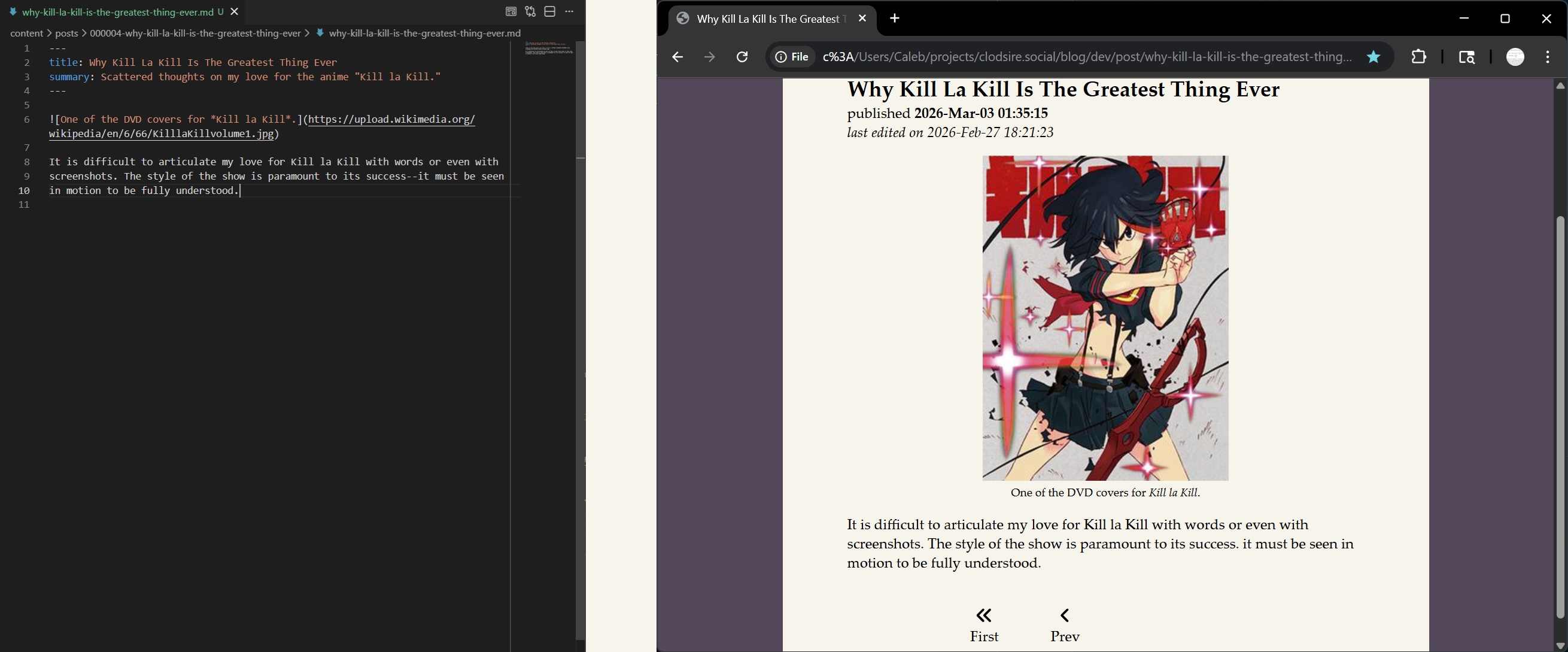 A side-by-side comparison of markdown text and the resulting web page.